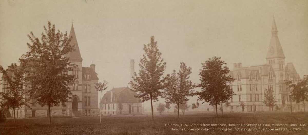 Historical photograph of Hamline University campus buildings and trees, viewed from the northeast.