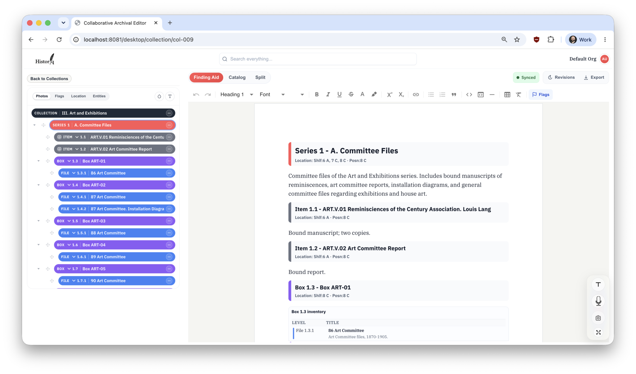 Una Desktop showing an archival hierarchy and finding aid editor on a laptop