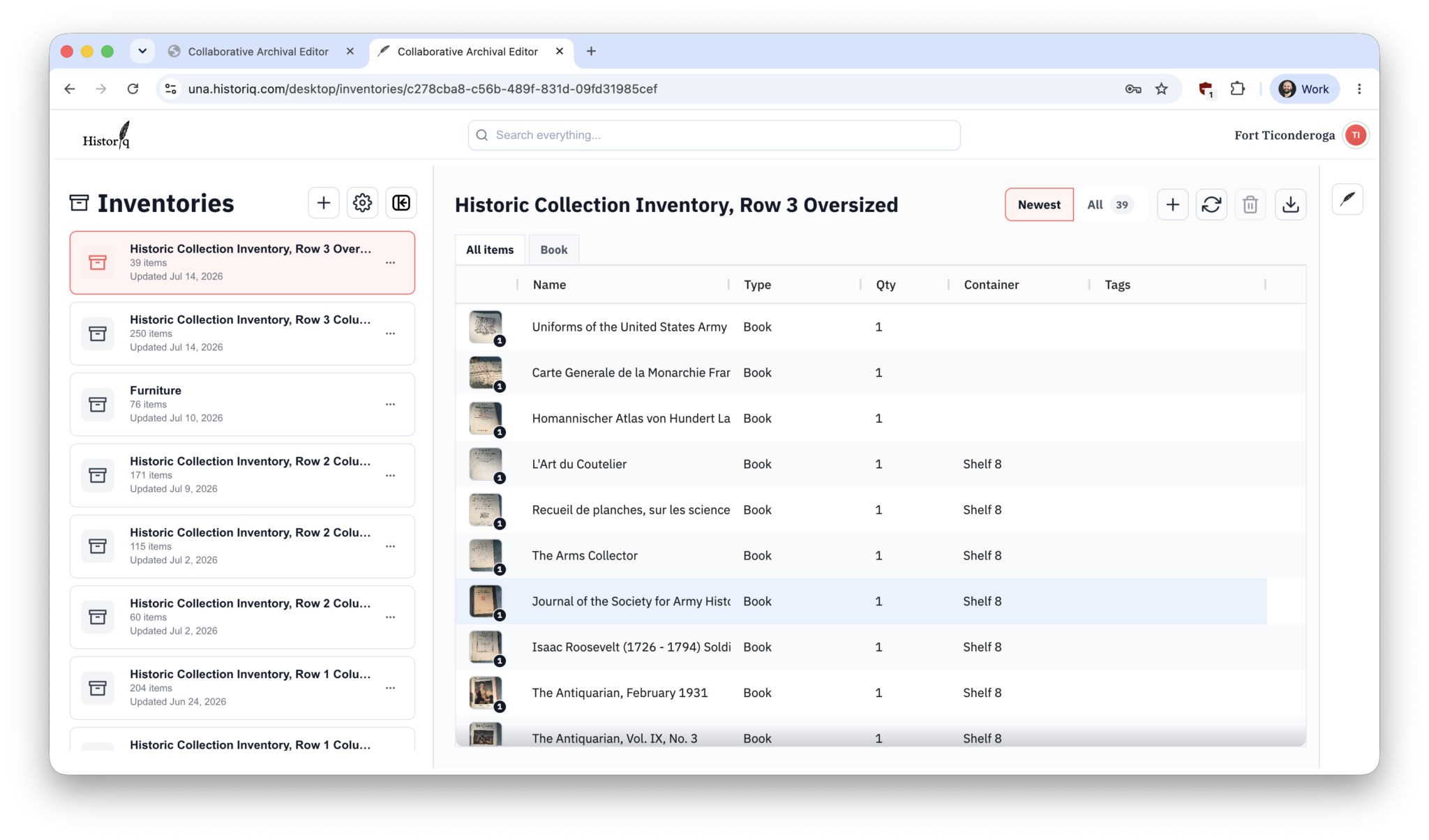 Una Desktop showing a list of inventories and an item-level book inventory table
