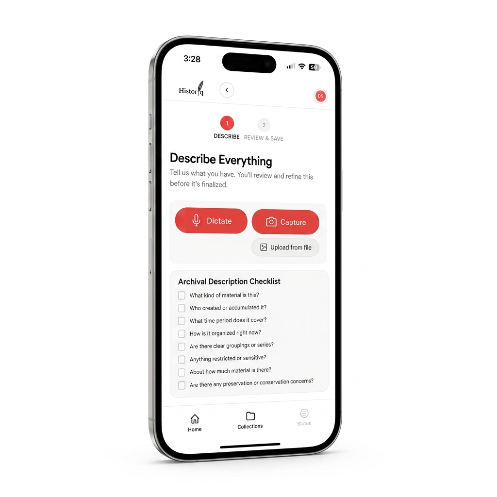 Una Mobile shown in an angled phone frame with Describe Everything controls and an archival description checklist