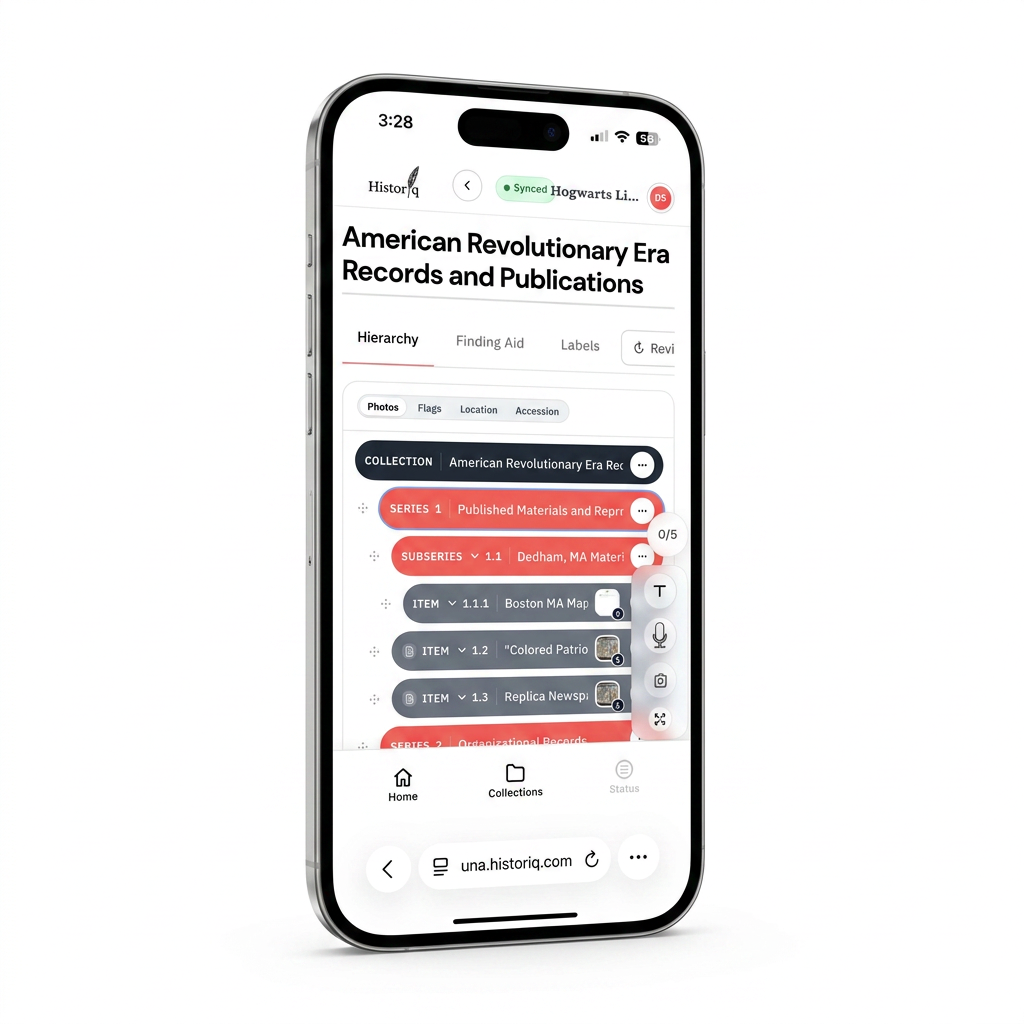 Una Mobile shown in an angled phone frame with the hierarchy for an American Revolutionary Era records collection