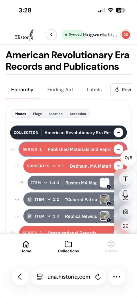 Una Mobile showing the same archival hierarchy on a phone