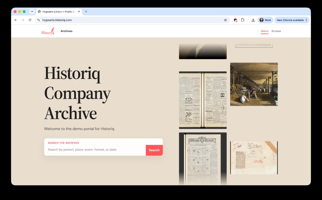 Historiq Company Archive search portal landing page with branded header, search, and curated archival images