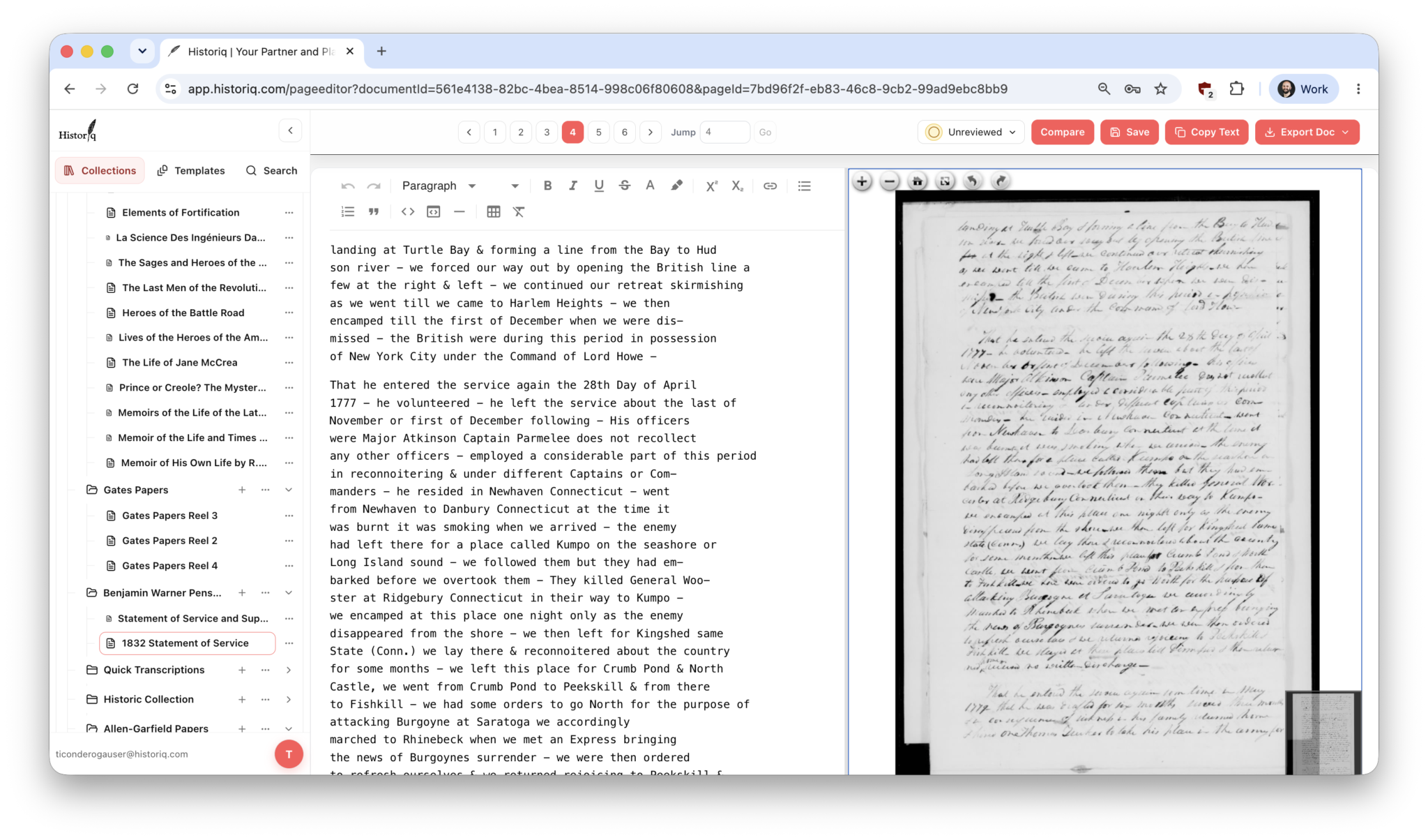 Historiq transcription workspace showing editable text beside a handwritten manuscript page
